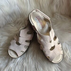 Skechers Women's Beige  Suede Memory Foam Slingback Sandals